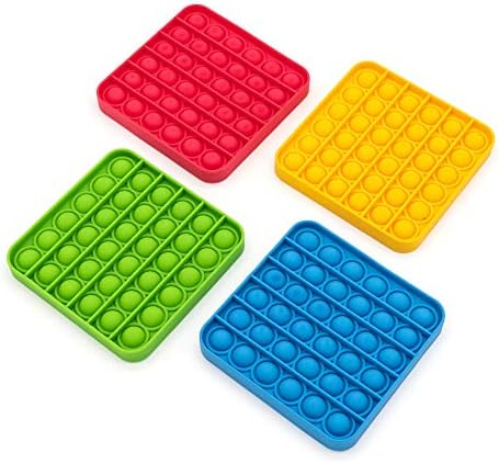 4pc Everbubbl Bubble Push Pop Fucget Pop Toy Pack | צעצוע חושי סיליקון ללא BPA לחרדה, לחץ, הוסף, הפרעות קשב וריכוז או אוטיזם | 4 פלידס - כחול, אדום, צהוב, ירוק | 5 ריבוע